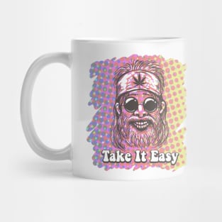 Old Hippiie in bandana with canabis leaf sign and wording Take it Easy. Hippie Psychedelic generation Retro Poster. Mug